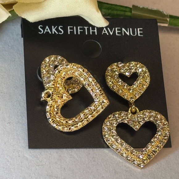 Saks Fifth Avenue Gold Tone Dangling Heart  Red Crystal Post Earrings 1.5in - Picture 11 of 12